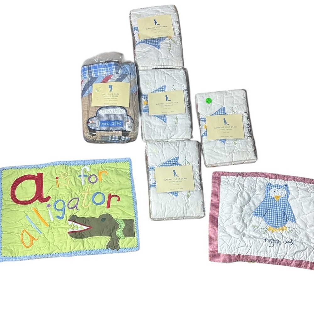 Pottery barn kids vintage lot quilted shams alphabet soup Clayton’s cars new